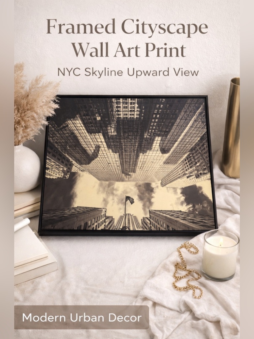 Framed Cityscape Wall Art Print NYC Skyline Upward View Modern Decor